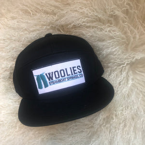Woolies 7 Panel Black Patch Hats